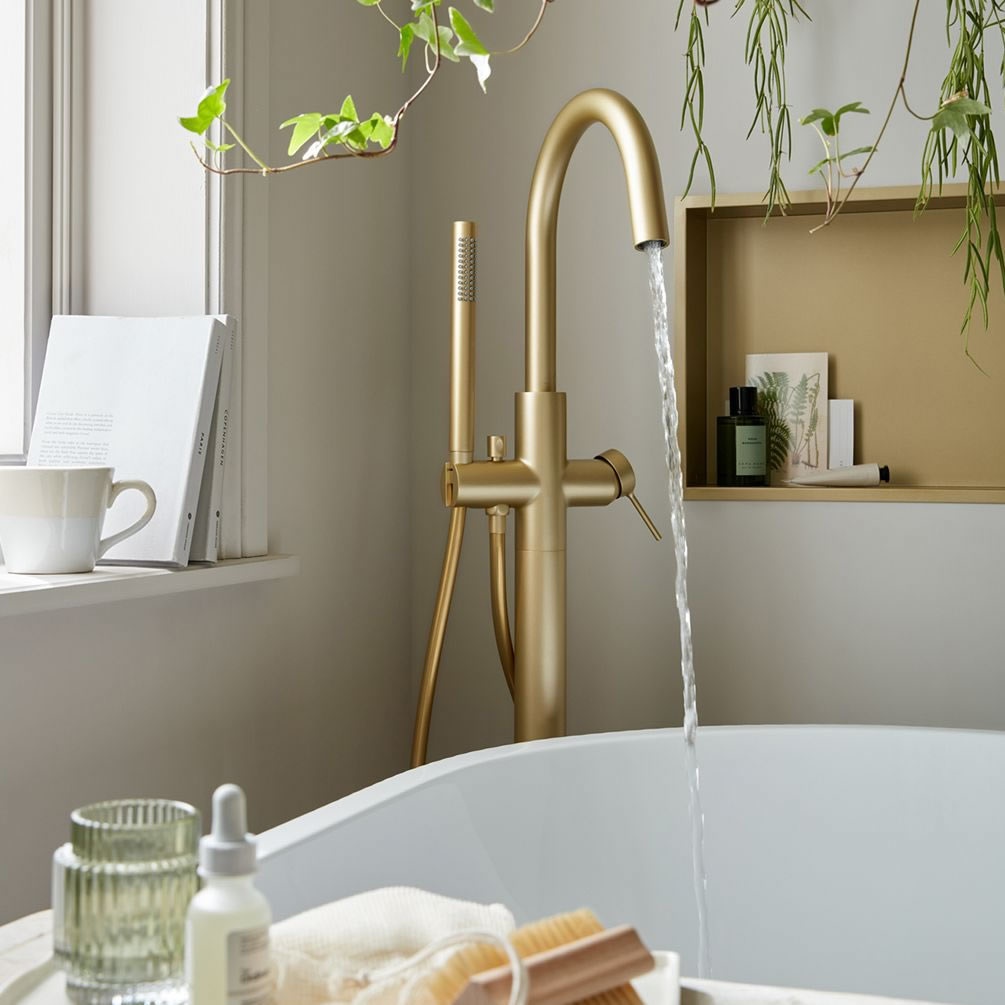 Vado Safari Lever Satin Brass Floorstanding Bath Shower Mixer - Lifestyle Image 1
